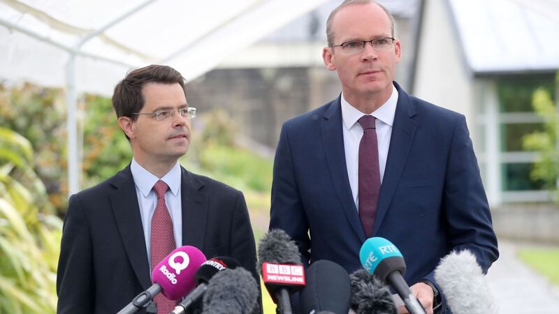 Northern Ireland Secretary James Brokenshire (left) and Minister for Foreign Affairs Simon Coveney speak to reporters at Stormont. Photograph: PA