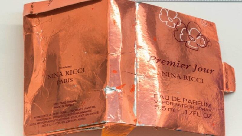 The counterfeit perfume box found by Charlie Rowley in June 2018. Photograph: Handout - London Metropoliton Police