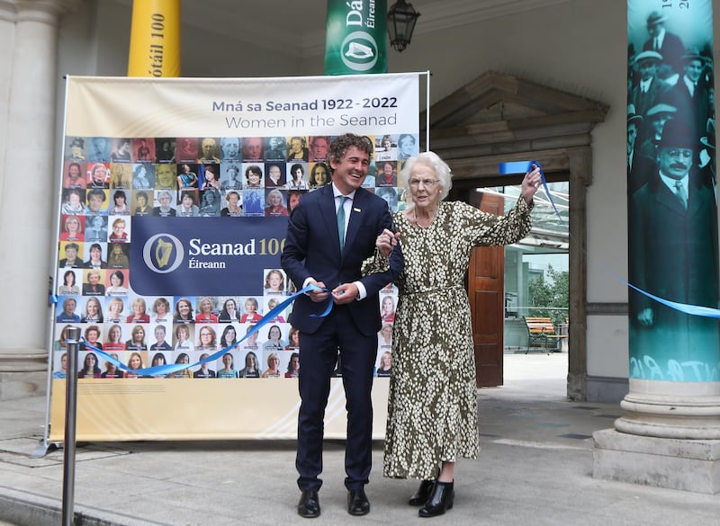 Tras Honan with Mark Daly at the launch of the Women in the Seanad exhibition at Leinster House. Photograph: Leah Farrell/RollingNews.ie