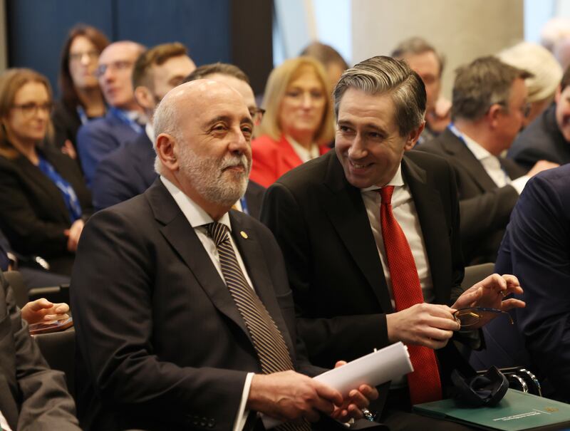 Central Bank's Gabriel Makhlouf and Minister for Finance Simon Harris at the first Annual Savings and Investment Forum at the Central Bank. Photograph: Bryan O’Brien/The Irish Times  
