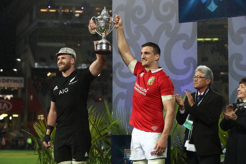 Opposing captains Kieran Read of the All Blacks and Sam Warburton of the Lions lift the trophy following the drawn series in 2017. Photograph: David Rogers/Getty Images