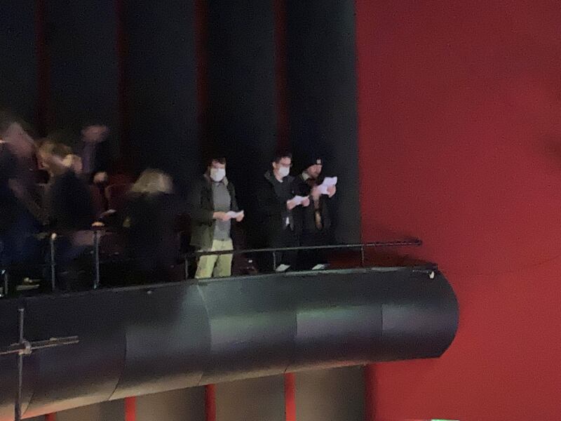 The three members of the Connolly Youth Movement who interrupted the honorary doctorate ceremony for Bertie Ahern and Prof Monica McWilliams at DCU. Photograph: Mark Hilliard