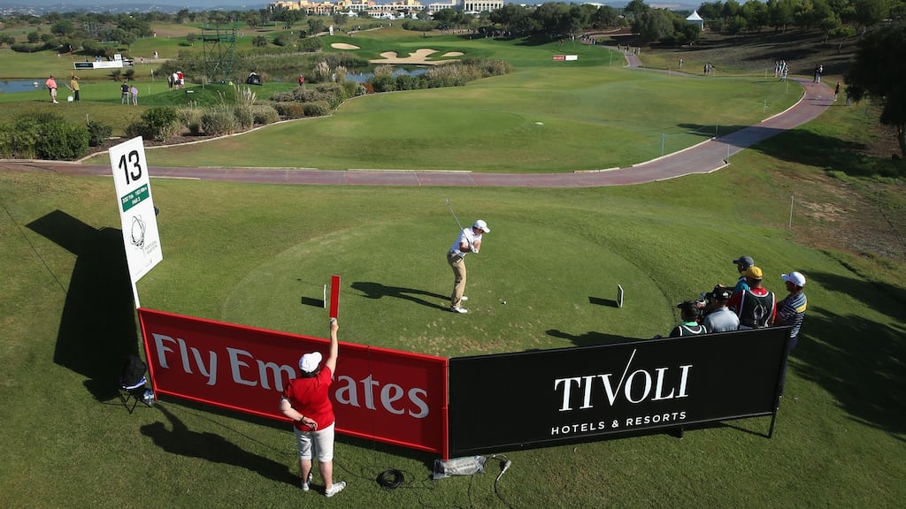 Paul Dunne of Ireland hits his tee-shot on the 13th hole during the first round of the Portugal Masters at Oceanico Victoria Golf Club in Albufeira, Portugal. Photograph: Andrew Redington/Getty Images