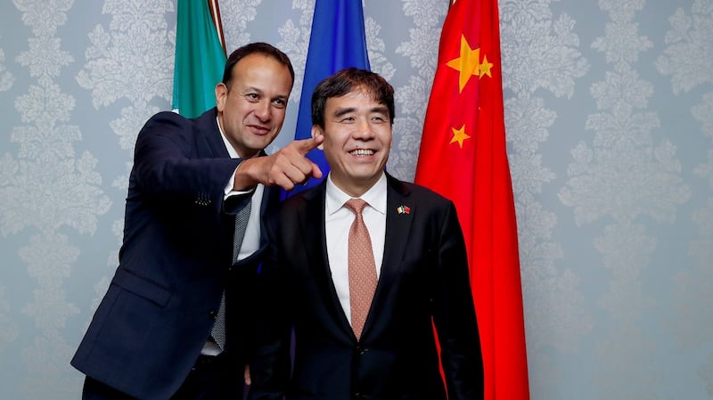 Taoiseach Leo Varadkar TD and Bank of China chairman Tian Guoli in June last year as the bank announced the opening of its Dublin branch. Photograph:  Maxwellphotography.ie