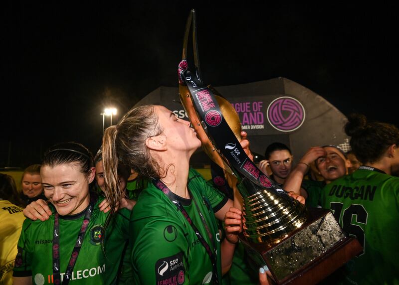Chloe Moloney of Peamount United celebrates winning the women's Premier Division. Photograph: Stephen McCarthy/Sportsfile 