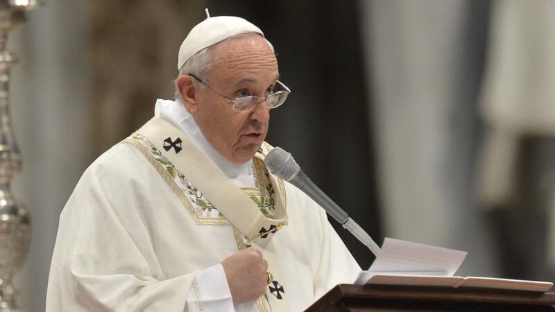 Pope Francis speaks during  Chrism mass for Holy Thursday (Maundy Thursday)  at St Peter’s Basilica in the Vatican. Photograph:  AFP/Getty Images