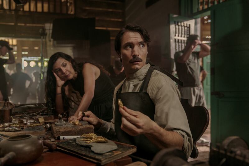 Director Laura Mora with Claudio Cataño as Aureliano Buendía. Photograph: PA
