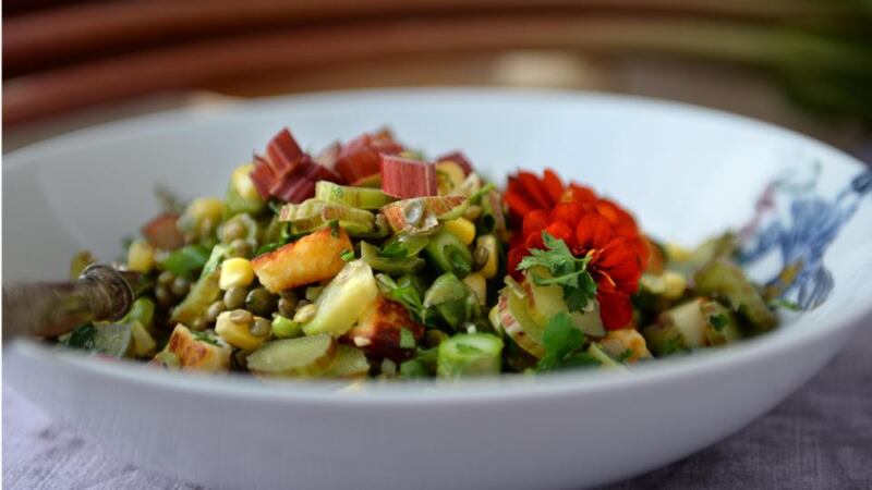 Rhubarb and lentil salad. Photograph: Dara Mac Dónaill