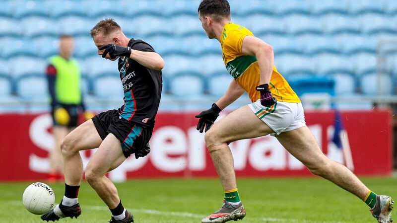 Mayo’s Ryan O’Donoghue scores a goal during the Connacht SFC semi-final against Leitrim at Elvery’s MacHale Park in Castlebar. Photograph: Tommy Dickson/Inpho