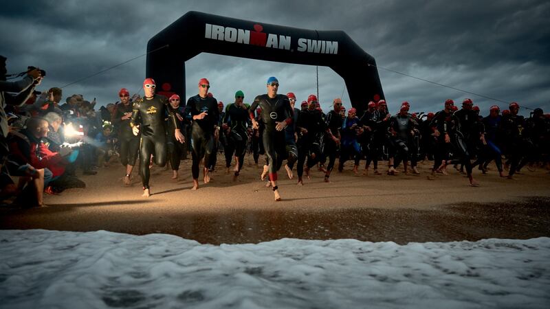Pro male athletes start the swimming course of the Ironman Barcelona   in Calella, near Barcelona, Spain. Photograph: Gonzalo Arroyo Moreno/Getty Images