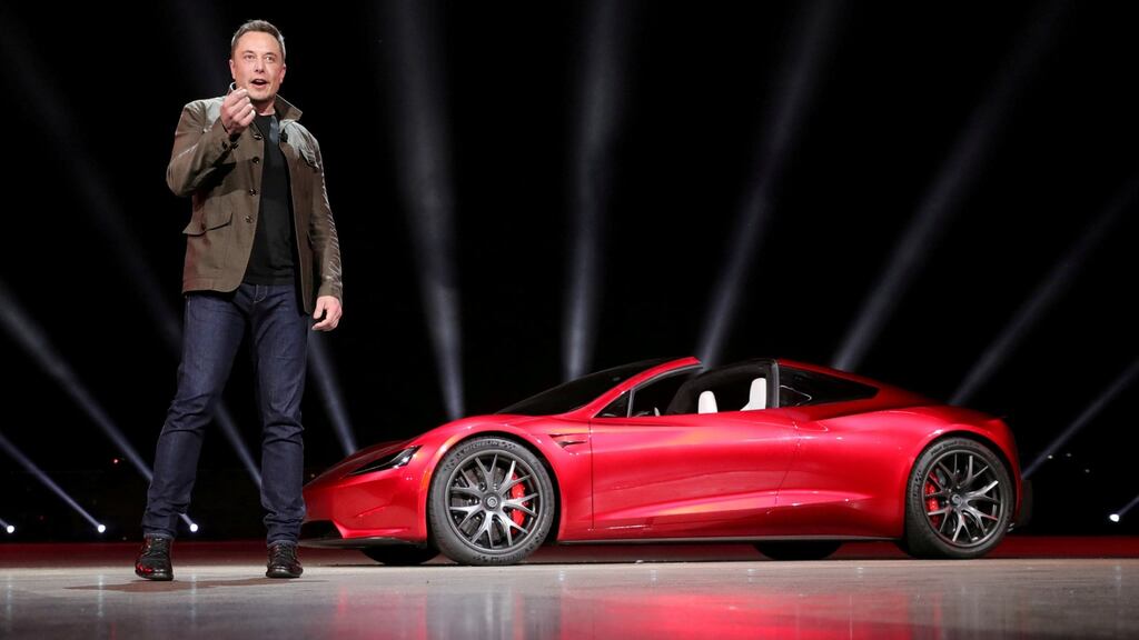 Tesla chief executive Elon Musk unveils the Roadster 2 in November 2017. Photograph: Tesla/Handout via Reuters