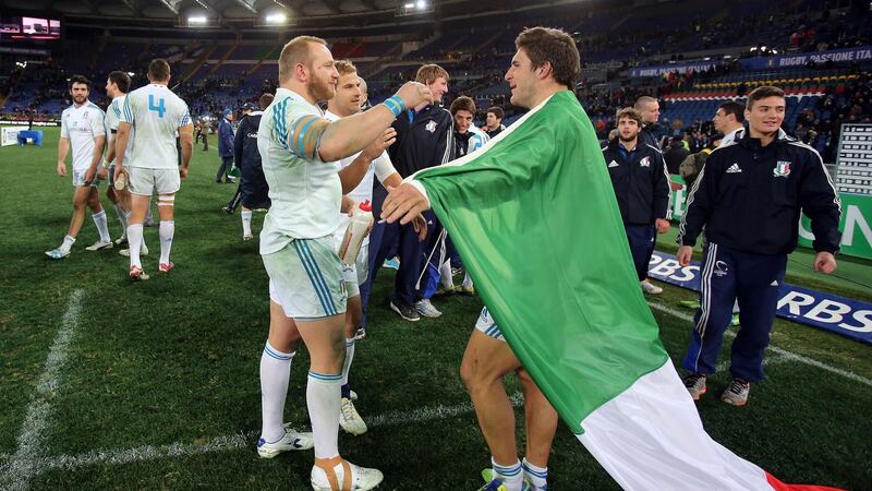 Italy’s Leonardo Ghiraldini  celebrates the win over France in 2013 with Giovambattista Venditti. Photograph: Dan Sheridan/Inpho
