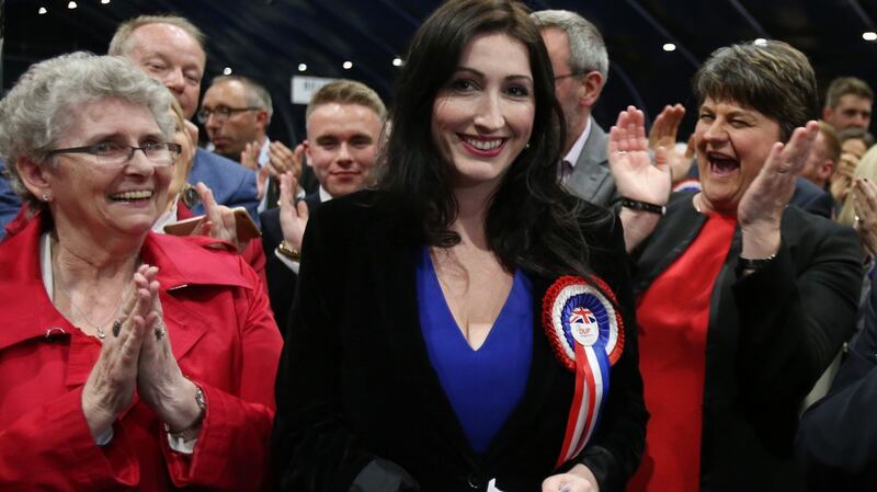 Emma Little Pengelly of the DUP celebrates winning the South Belfast seat in the 2017 general election with party leader Arlene Foster (right). File photograph: Niall Carson/PA Wire.