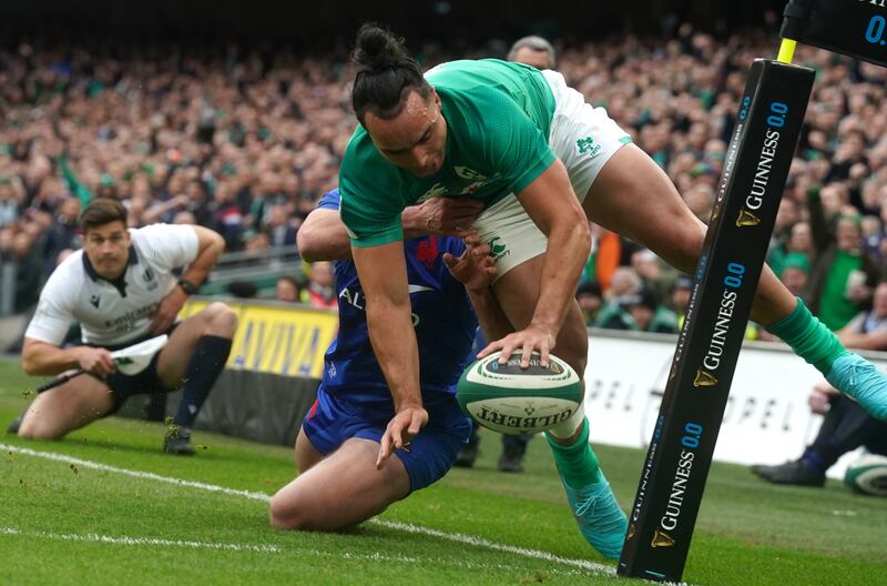 Ireland's James Lowe tackled by France's Damian Penaud on the way to scoring his side's second try. TMO Brendon Pickerill may not have seen all the angles, or may not have been shown them, but the try award was wrong. Photograph: Brian Lawless/PA
