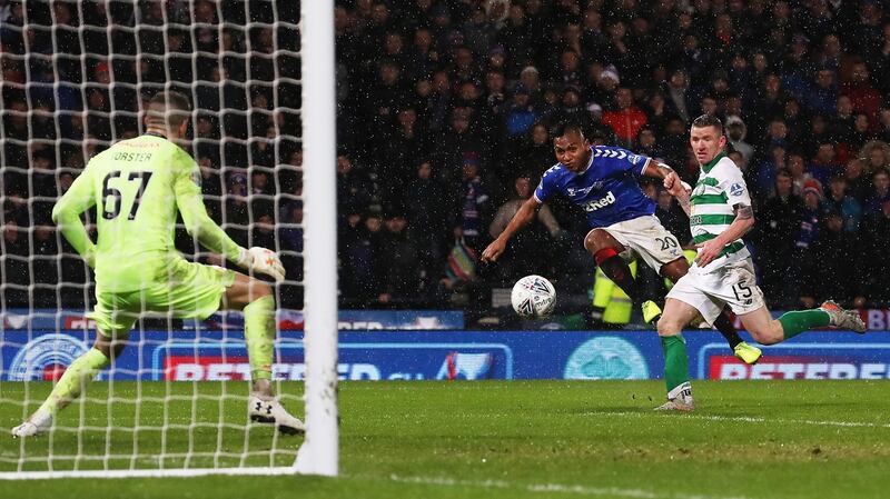 Alfredo Morelos misses a late chance for Rangers in their defeat to Celtic. Photograph: Ian MacNicol/Getty