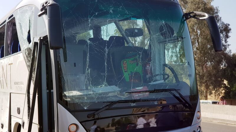 A damaged bus is seen at the site of a blast near a new museum being built close to the Giza pyramids. Photograph: Ahmed Fahmy/Reuters