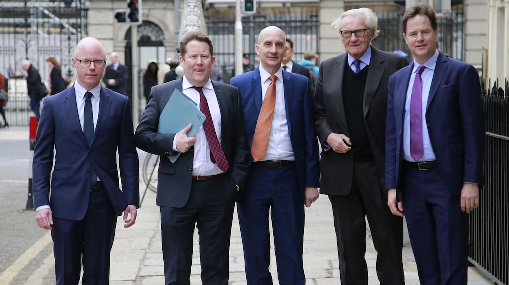 Lord Andrew Adonis (centre) pictured with Stephen Donnelly and Darragh O’Brien of Fianna Fáil, former Conservative deputy prime minister Lord Heseltine and Liberal Democrat former deputy prime minister Sir Nick Clegg in Dublin last March. Photograph Nick Bradshaw