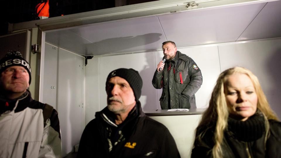 Lutz Bachmann, head of Pegida speaks at the Dresden demonstration. Bachmann has admitted to a criminal record that clashes somewhat with his followers’ assertions that foreigners often bring unwanted crime. Photograph: Milan Bures/The New York Times