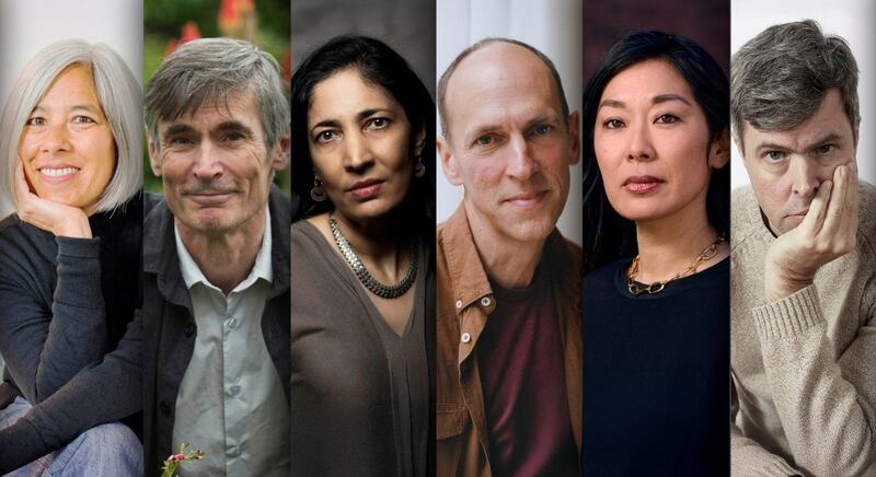 The six 2025 Booker prize shortlisted authors: Susan Choi, Andrew Miller, Kiran Desai, Ben Markovits, Katie Kitamura and David Szalay