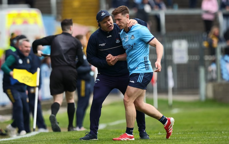 Dublin manager Dessie Farrell with John Small during last weekend's Leinster SFC semi-final defeat to Meath in Portlaoise. Photograph: Ryan Byrne/Inpho