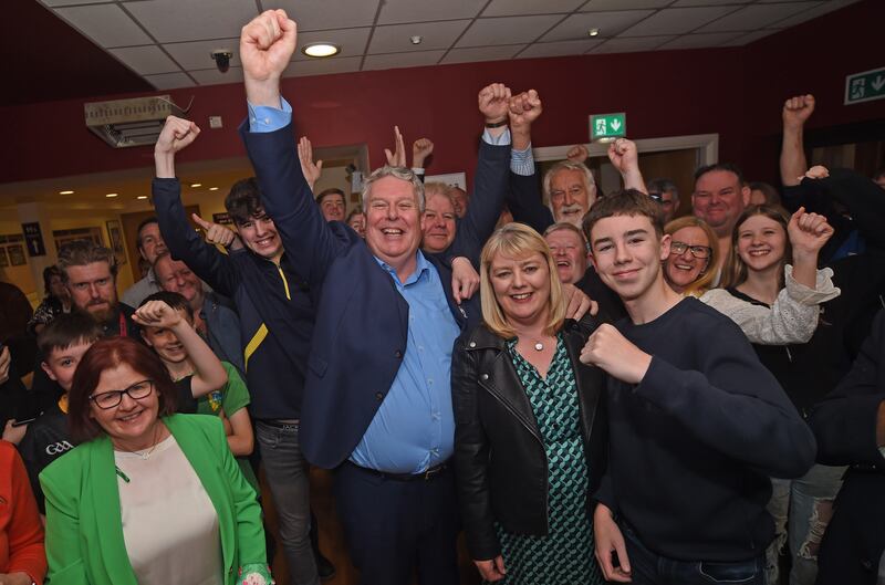 Independent Ireland's Ciarán Mullooly (centre) celebrates after being elected as an MEP for the Midlands-North-West constituency. Photograph: Conor McKeown/PA Wire