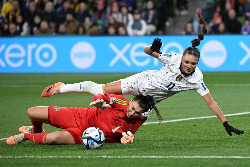 Sweden's goalkeeper makes a save in front of US forward Sophia Smith during the game in Melbourne. Photograph: William West/AFP via Getty Images