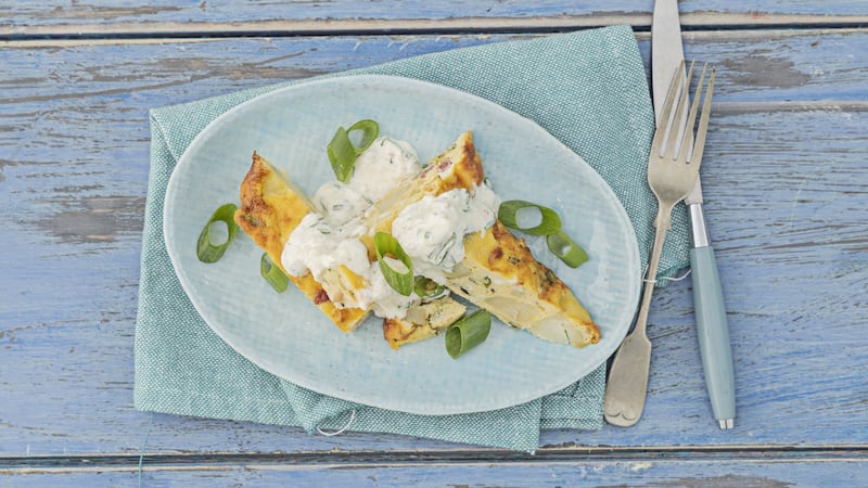 Pea and bacon frittata with crab creme fraiche. Photograph: Harry Weir