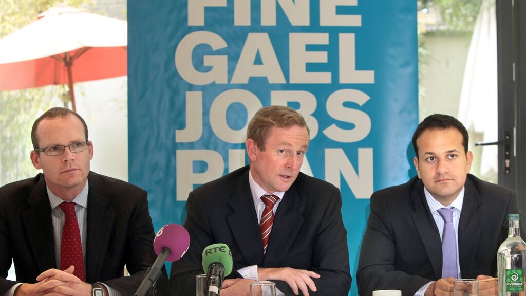 Taoiseach Enda Kenny with Simon Coveney and Leo Varadkar in 2010. Mr Kenny will say the leadership issue will be dealt with after he visits Washington DC for St Patrick’s Day. File photograph: Brenda Fitzsimons/The Irish Times