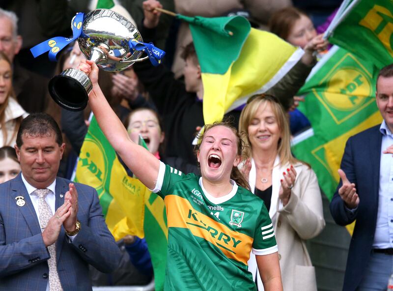 Kerry captain Síofra O'Shea lifts the NFL Division 1 league cup following victory over Galway at Croke Park last year. Photograph: Leah Scholes/Inpho 
