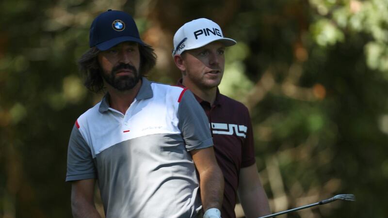 England’s Matt Wallace  pictured with ex-Italian footballer Andrea Pirlo during a the pro-am at  the Italian Open. Photograph: Matthew Lewis/Getty Images