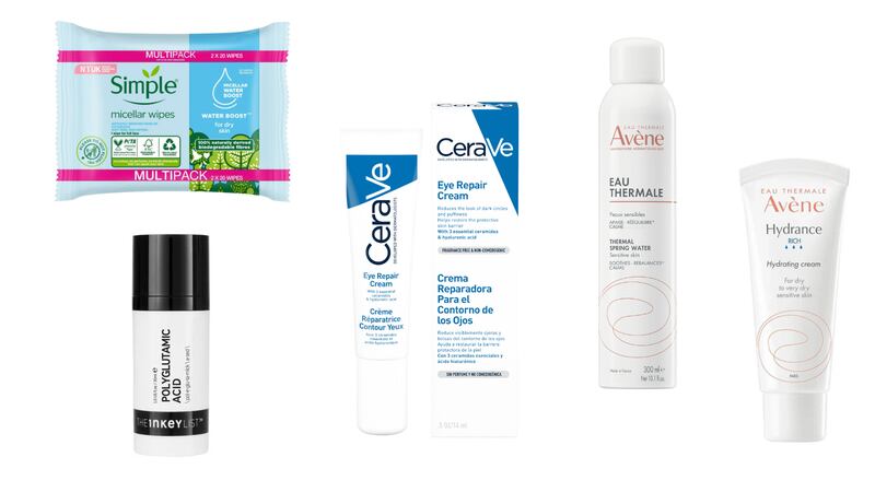 Simple Kind to Skin Micellar Biodegradable Cleansing Wipes,  Polyglutamic Serum from The Inkey List, CeraVe Eye Repair Cream, Avène Hydrating Mist and Avène Hydrance Rich Hydrating Cream