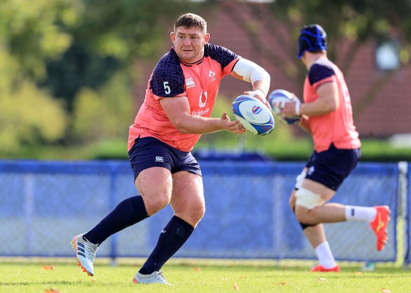 Tadhg Furlong training in the build-up to Ireland vs Romania. Photograph: Dan Sheridan/Inpho