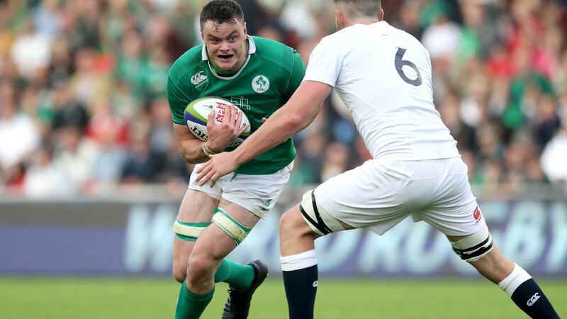 Ireland’s James Ryan takes on England’s George Nott in the under-20 World Championship final in 2016. File photograph: Ryan Byrne/Inpho