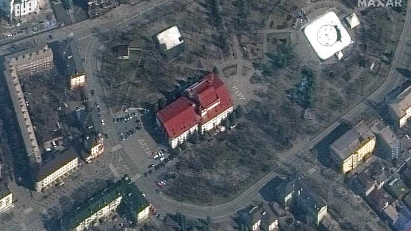 The bombardment of the theatre, which had become a makeshift shelter as combat tore across the port city over the past three weeks. Photograph: Satellite image from Maxar Technologies/ The New York Times