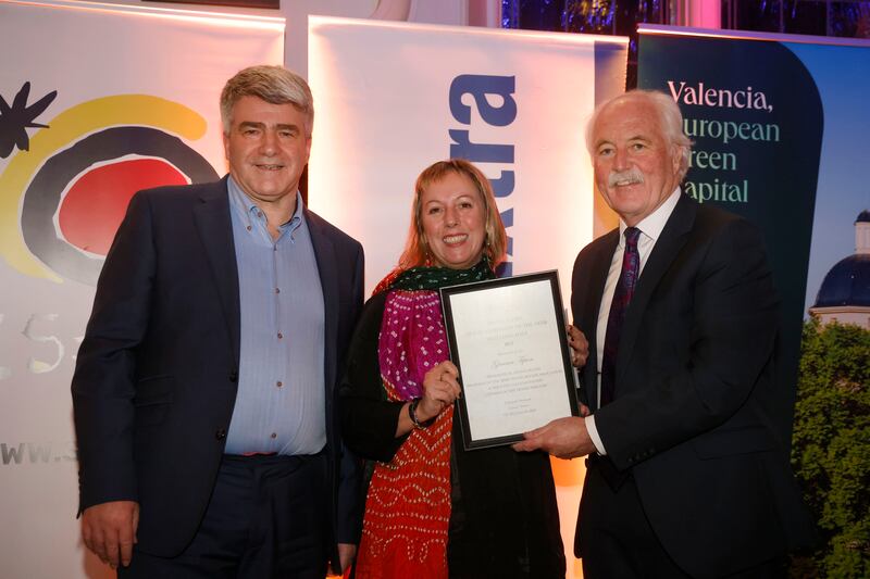 Irish Times journalist Gemma Tipton, winner of the long haul category, with Eoghan Corry of Travel Extra and  John Spollen of Cassidy Travel at the Travel Extra Travel Journalist of the Year Awards 2023. Photograph: Arthur Carron