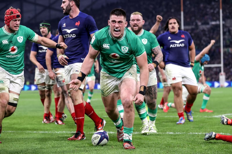 Dan Sheehan celebrates scoring Ireland’s fourth try against France in the 2024 Six Nations opener against France in Marseille, which was played on a Friday night. Photograph: Dan Sheridan/Inpho