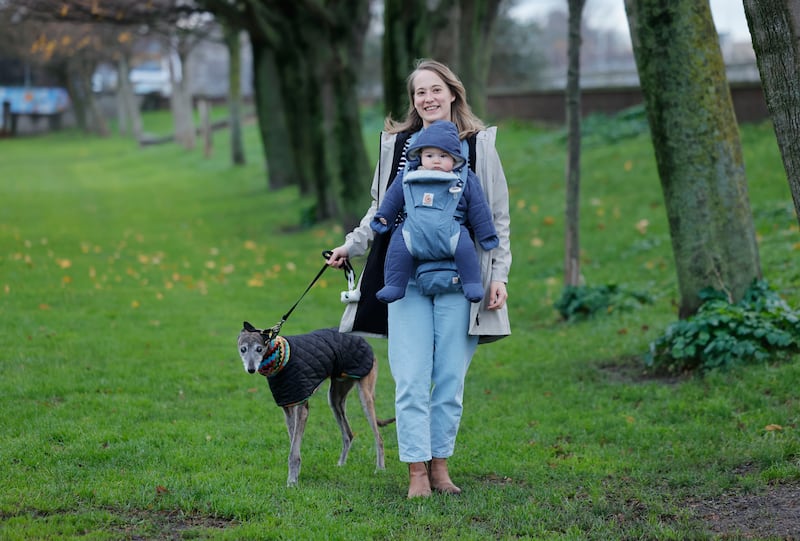 Sandra Green with baby Alfie and Greyhound Otto in Ringsend. for a piece by Hannah Quinn Mulligan on veterinary bills. Photograph: Alan Betson

