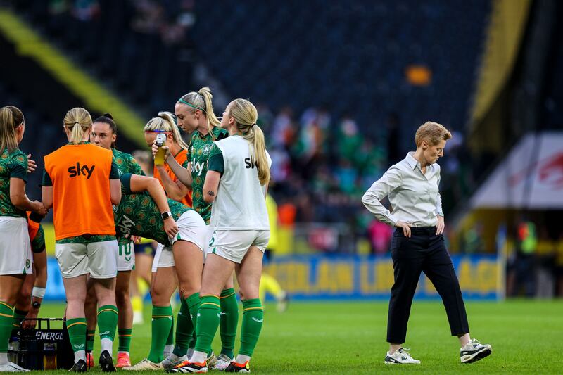 Ireland's manager Eileen Gleeson with her squad during the warm-up. Photograph: Ryan Byrne/Inpho