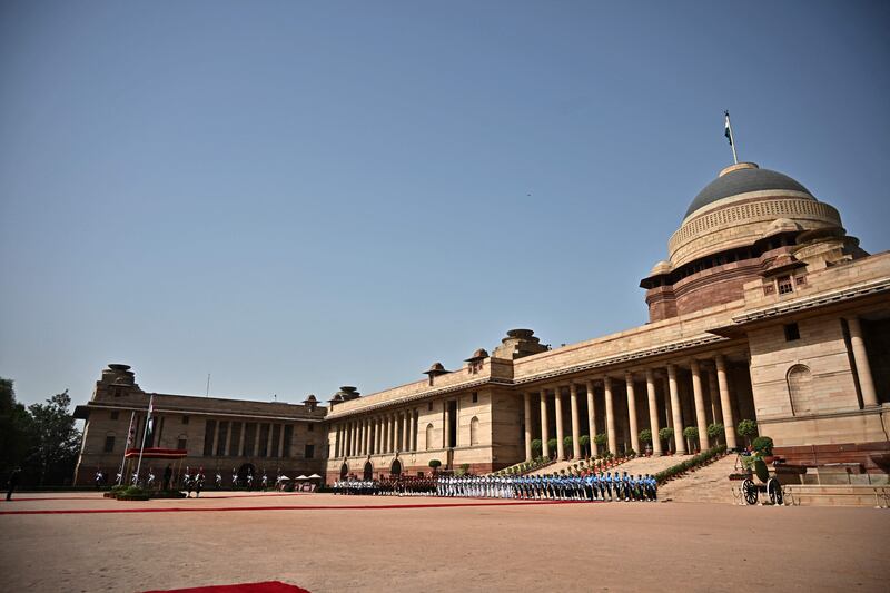 UK prime minister Boris Johnson during his ceremonial reception at India's presidential palace, Rashtrapati Bhavan, in New Delhi in April