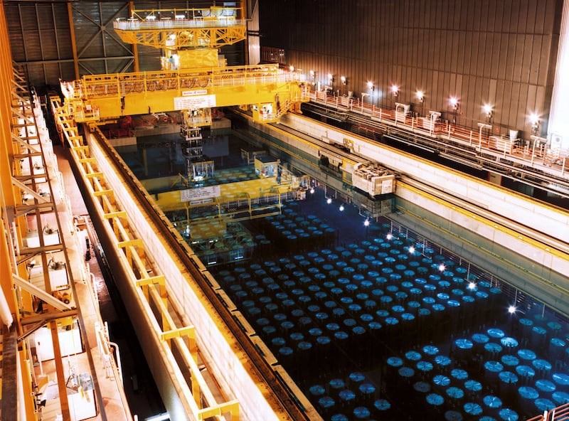 Barrels containing high-level radioactive nuclear waste are stored in a pool to keep them cool before the waste is reprocessed, at Sellafield, in September 2002. Photograph: Odd Andersen/AFP/Getty