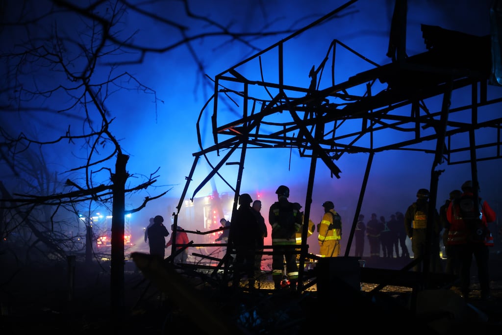 Firefighters work at a market destroyed by a Russian airstrike in Zaporizhzhia, Ukraine this week. Photograph: Kateryna Klochko/AP