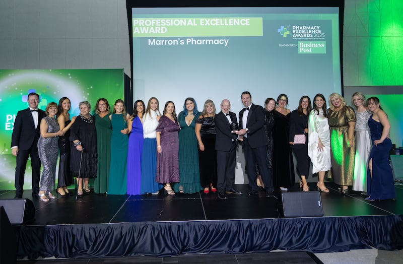 Anton Savage, MC of the awards; Josie Lane, sales assistant; Zara Lily Shannon, sales assistant; Máire Morrissey, director; Sharon Smith, sales assistant; Cathay Manning, pharmacy student; Edwina Morrissey, medical safety pharmacist, TUH; Caoimhe Noonan, sales assistant; Sarah Fogarty, technician; Mia Gormley, sales assistant; Therese Noonan, sales assistant; Noel Killeen, key account manager, Business Post; Jonathan Morrissey, managing director, superintendent pharmacist; Ciara Callan, technician; Mary Byrne, pharmacist; Jordan Marron, sales assistant; Kadie Collins, sales assistant; Edel O’Flaherty, director; Genevieve Morrisey, pharmacist and Carla McGauran, sales assistant. Photograph: Paul Sherwood