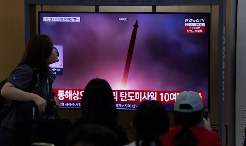 People at a station in Seoul, South Korea, watch a news report of North Korea's launch of ballistic missiles toward the East Sea on August 20th. Photograph: Jeon Heon-Kyun/EPA