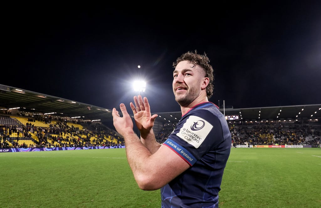 Caelan Doris celebrates after Leinster's Champions Cup win away to La Rochelle on Sunday. Photograph: James Crombie/Inpho