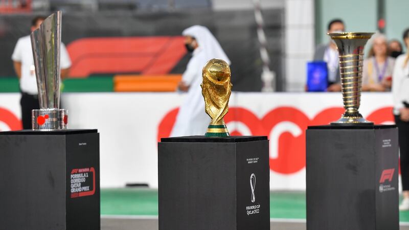 The Fifa World Cup trophy on display ahead of the Qatar grand prix. Photograph: Noushad Thekkayil/EPA