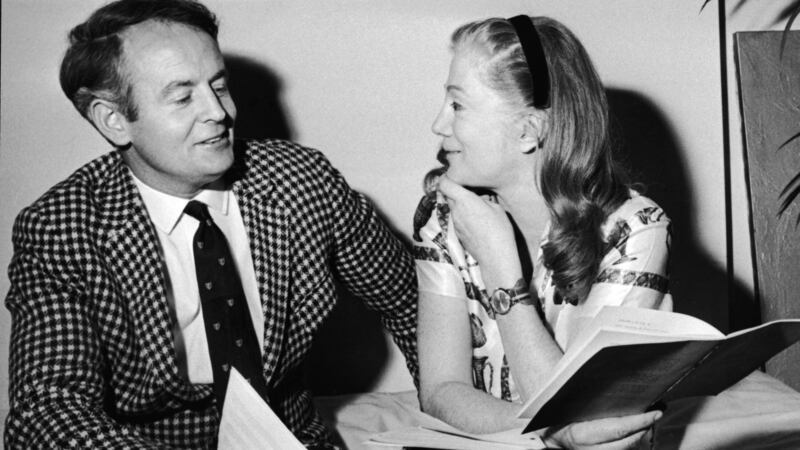 Ulick O’Connor and Sarah Audley,  daughter of Winston Churchill, rehearse lines for a Poetry Review performance, at her flat in London, in 1967. Photograph:  Express Newspapers/Getty Images
