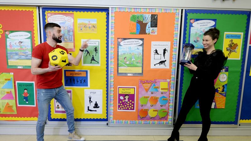 Teachers John Sharpson and Clíona Ní Chiosáin. Photograph: Alan Betson/The Irish Times