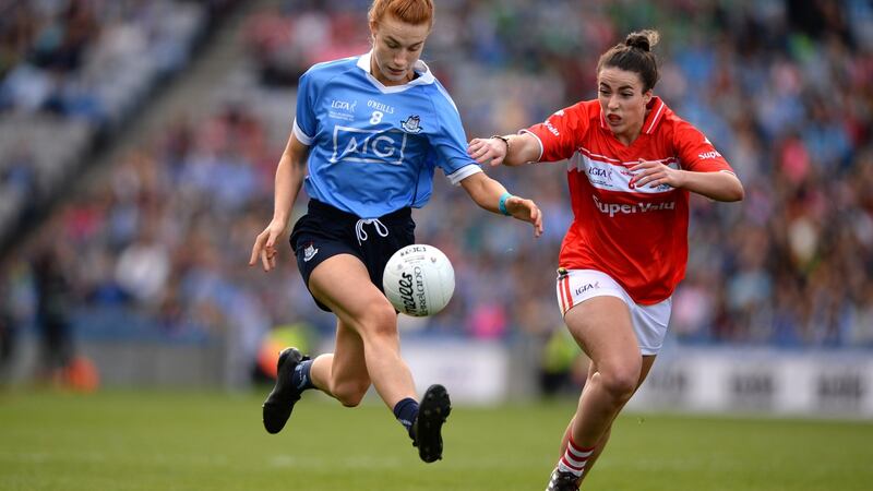 Dublin’s Lauren Magee and Cork’s Shauna Kelly in action during last year’s  TG4 All-Ireland Ladies senior football  final at Croke Park. It was the most attended women’s final in the world in 2018. Photograph: Dara Mac Dónaill