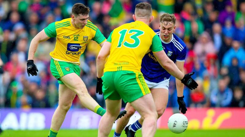 Donegal’s Jamie Brennan scores a goal during  their Ulster SFC Final victory over Cavan at St Tiernach’s Park in Clones. Photograph: Tommy Dickson/Inpho