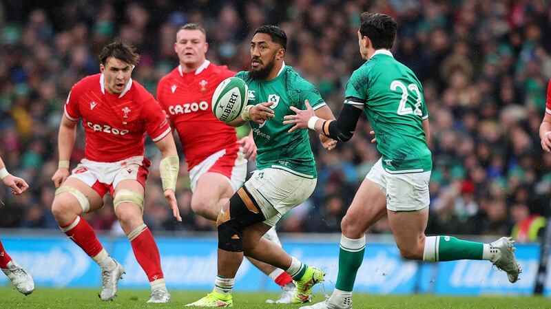 Bundee Aki: as was the case in the win over New Zealand, Aki had another hugely productive outing against Wales. Photograph: Ryan Byrne/Inpho